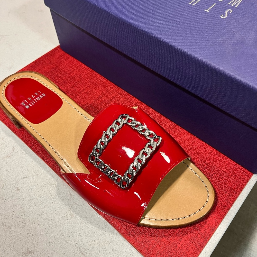 STUART WEITZMAN NIB AUTHENTIC LUXURY RED PATENT LEATHER & SILVER FLATS - Picture 7 of 17